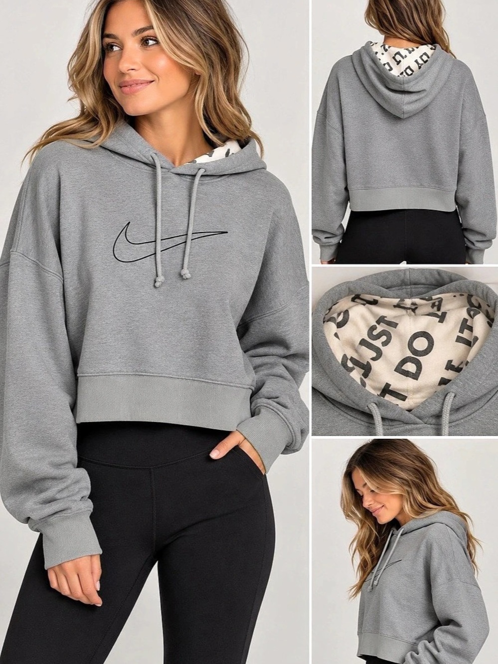 Nike Sportswear Cropped Fleece Hoodie with Just Do It Hood Lining Gray & Black